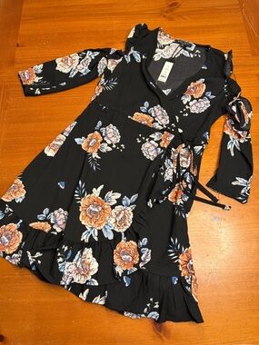 Romeo & Juliet Couture Black Floral Wrap Midi Dress with Orange and Blue Flowers